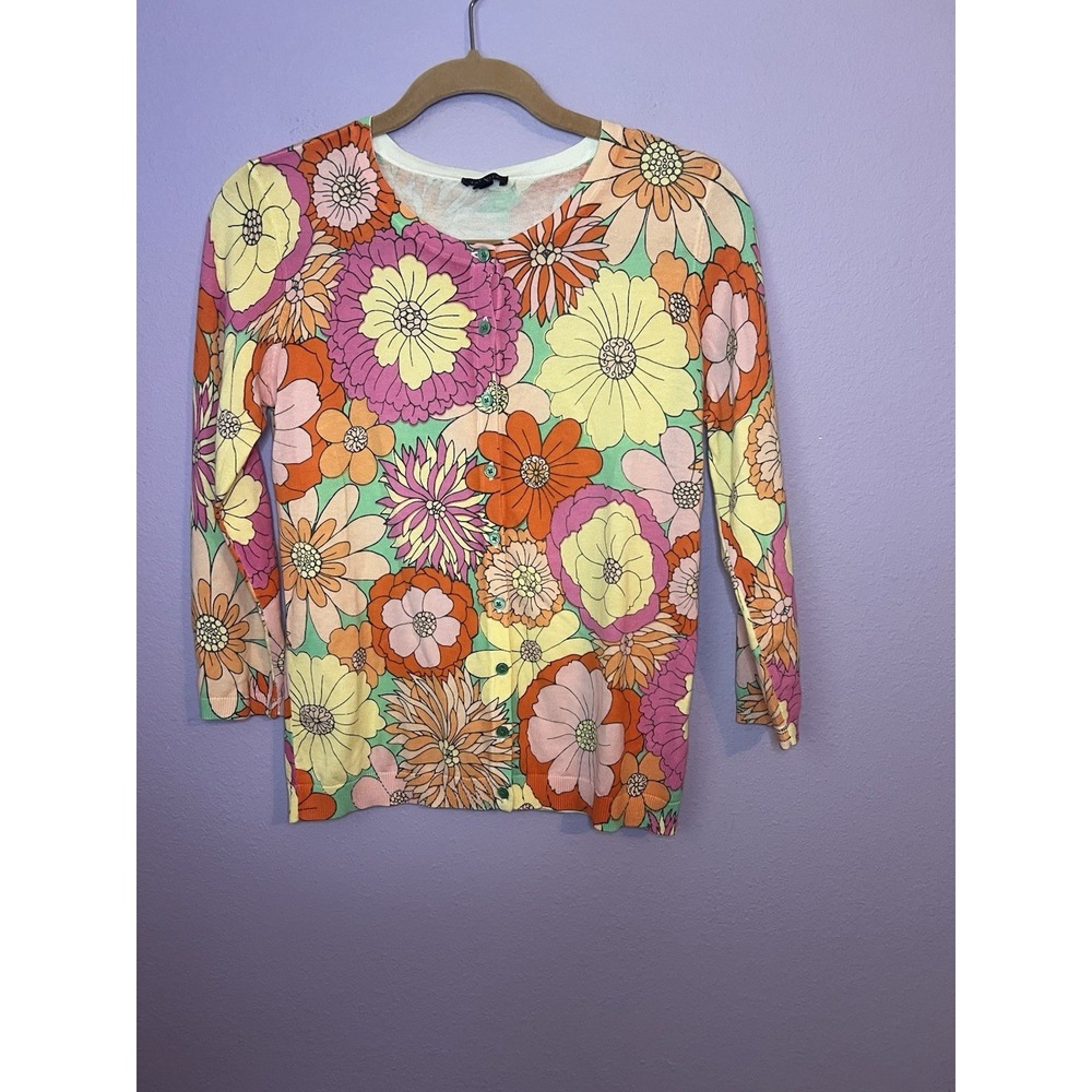 Talbots Retro Floral Colorful Orange Pink Yellow Cardigan Size XS